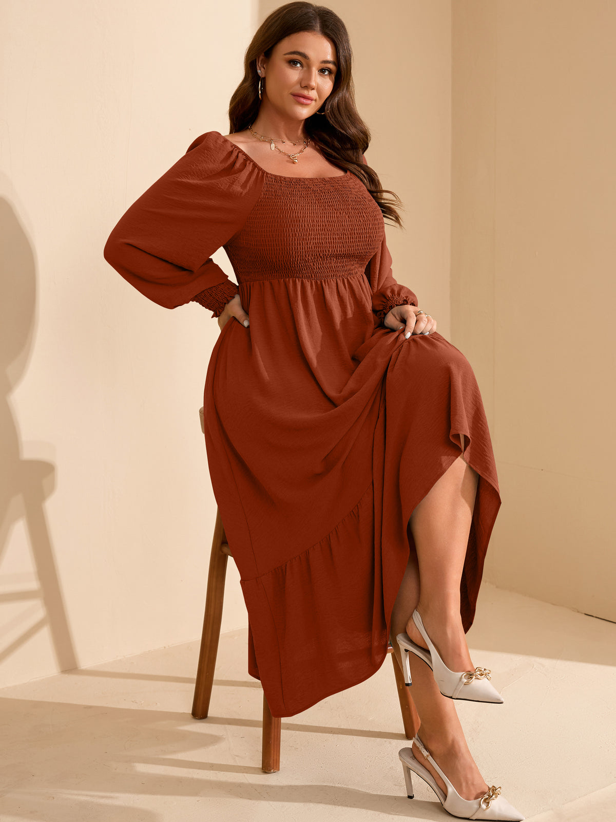 Plus Size Floral Long-Sleeve Maxi Dress — Brown