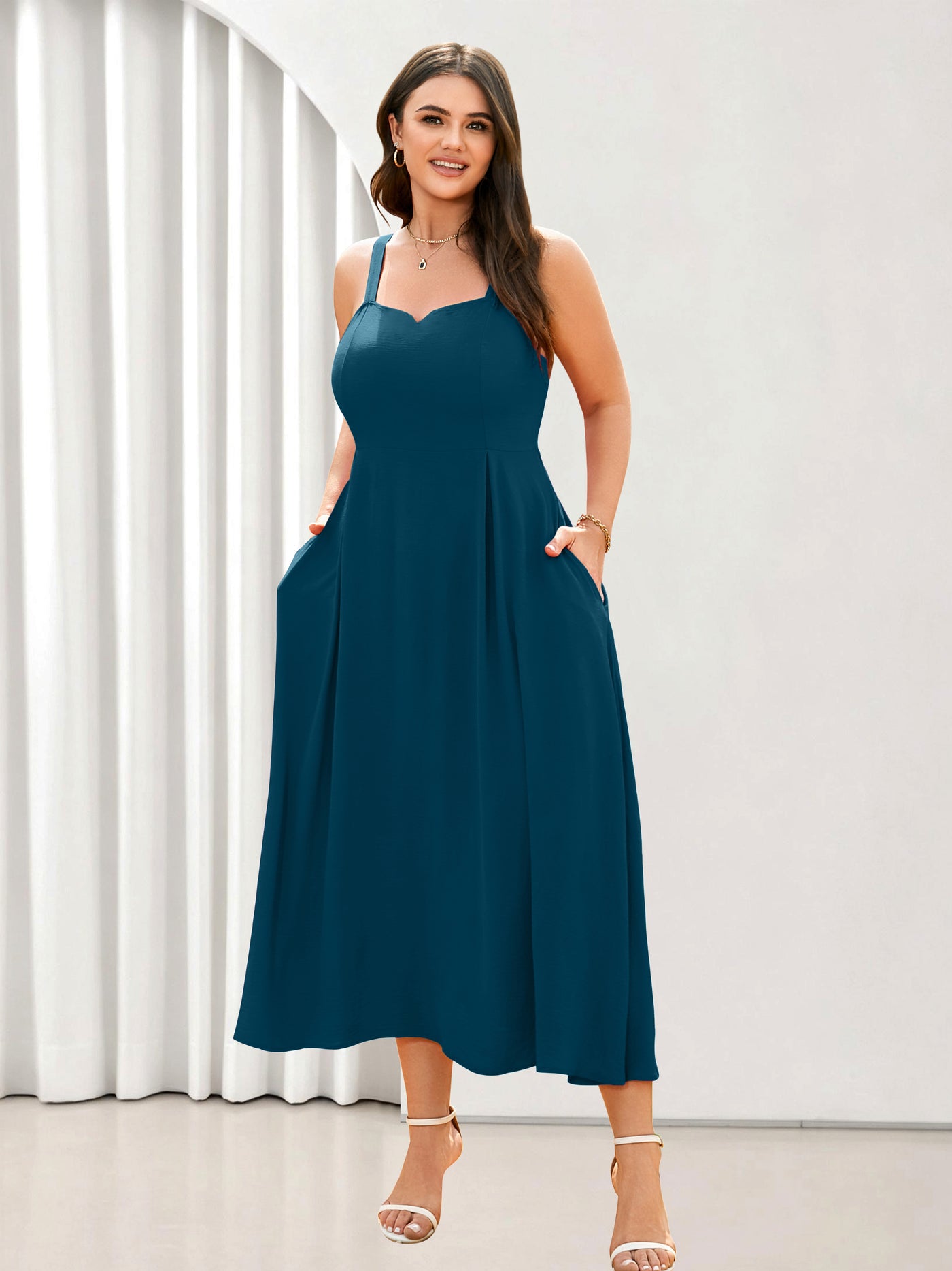 Plus Size Sleeveless Printed Midi Dress — Lake Blue