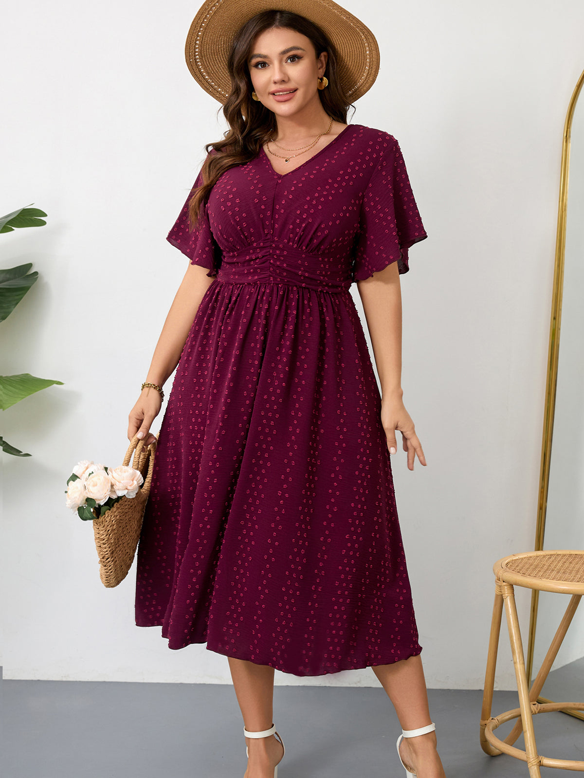 Plus Size Swiss-Dot V-Neck Maxi Dress — Wine red