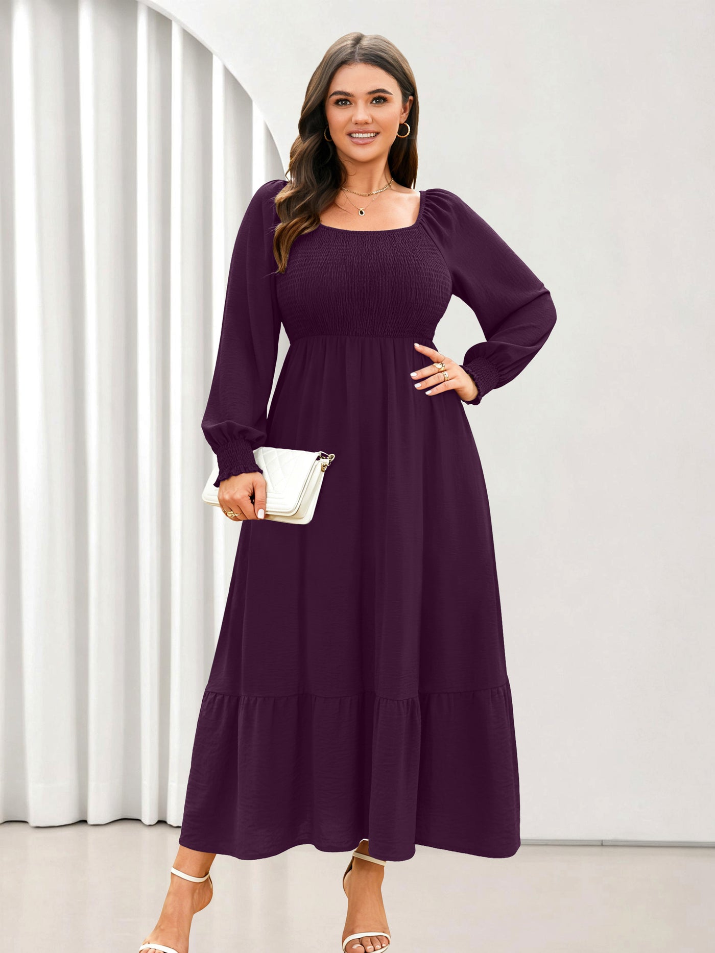 Plus Size Floral Long-Sleeve Maxi Dress — Purple