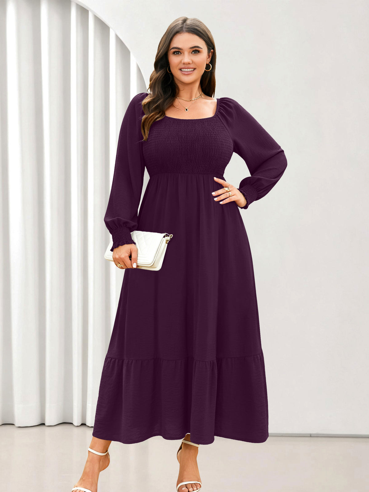 Plus Size Floral Long-Sleeve Maxi Dress — Purple