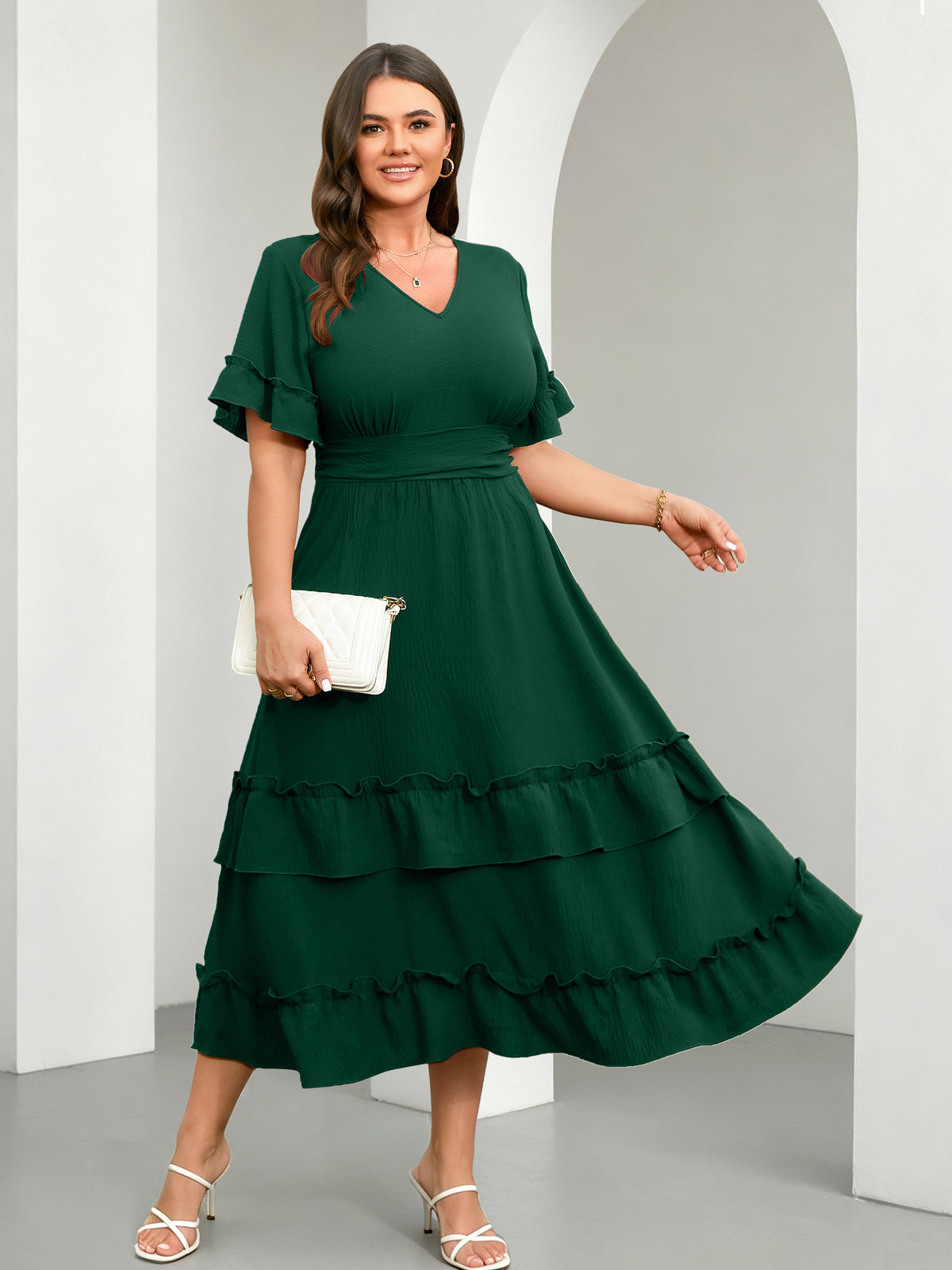 Plus Size Ruffle-Sleeve V-Neck Tiered Maxi Dress — Green
