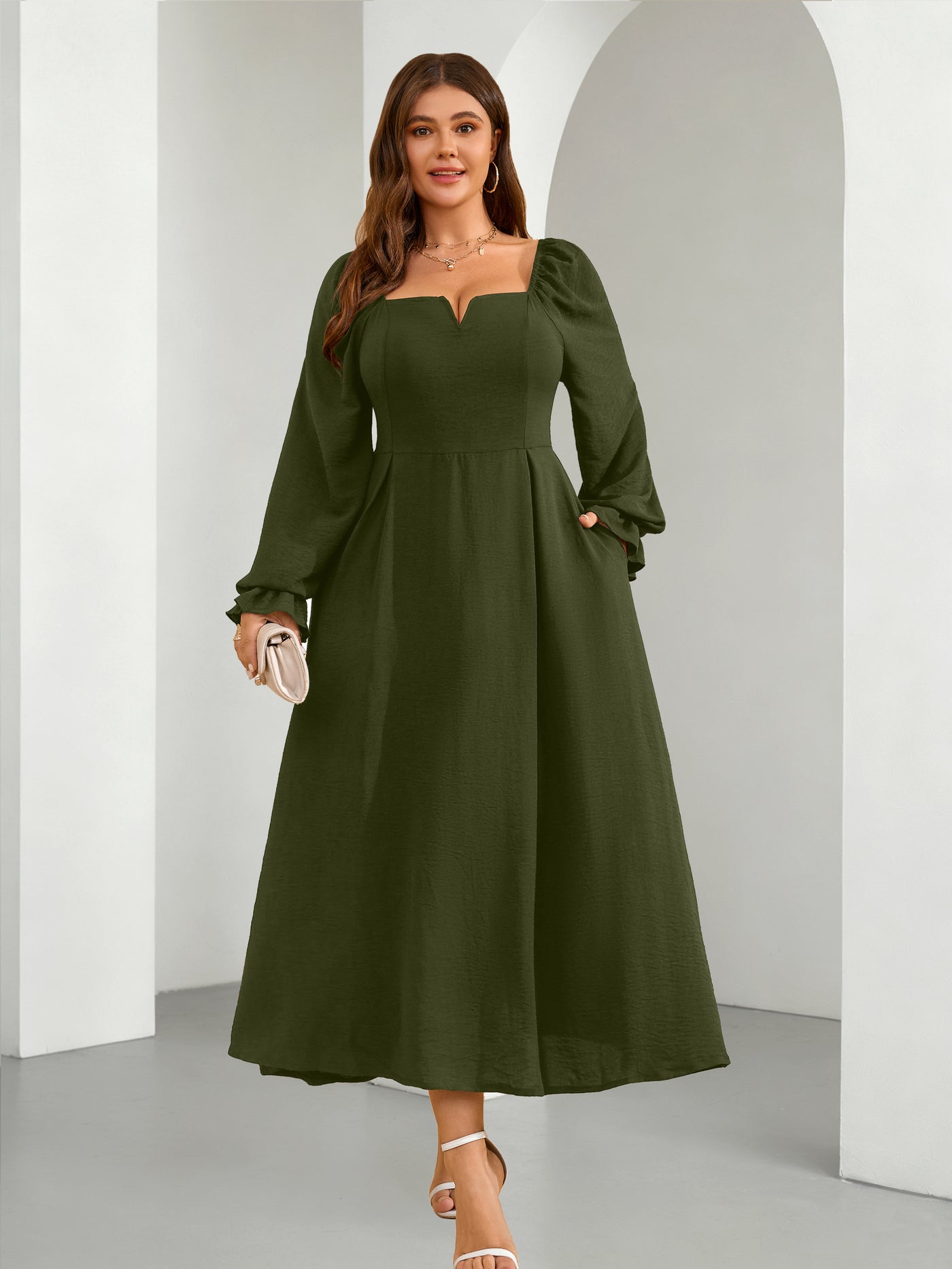 Plus Size Square-Neck Long-Sleeve Maxi Dress — Army Green