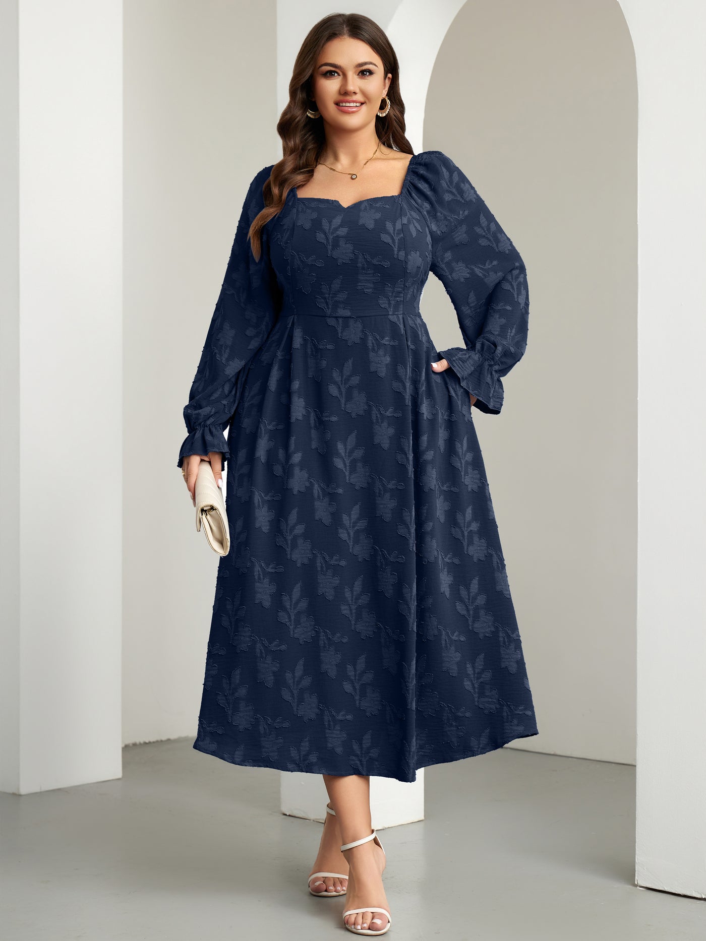 Plus Size Square-Neck Long-Sleeve Maxi Dress — Floral Navy Blue