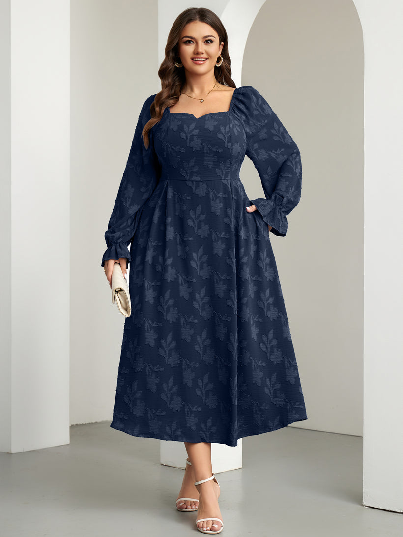 Plus Size Square-Neck Long-Sleeve Maxi Dress — Floral Navy Blue
