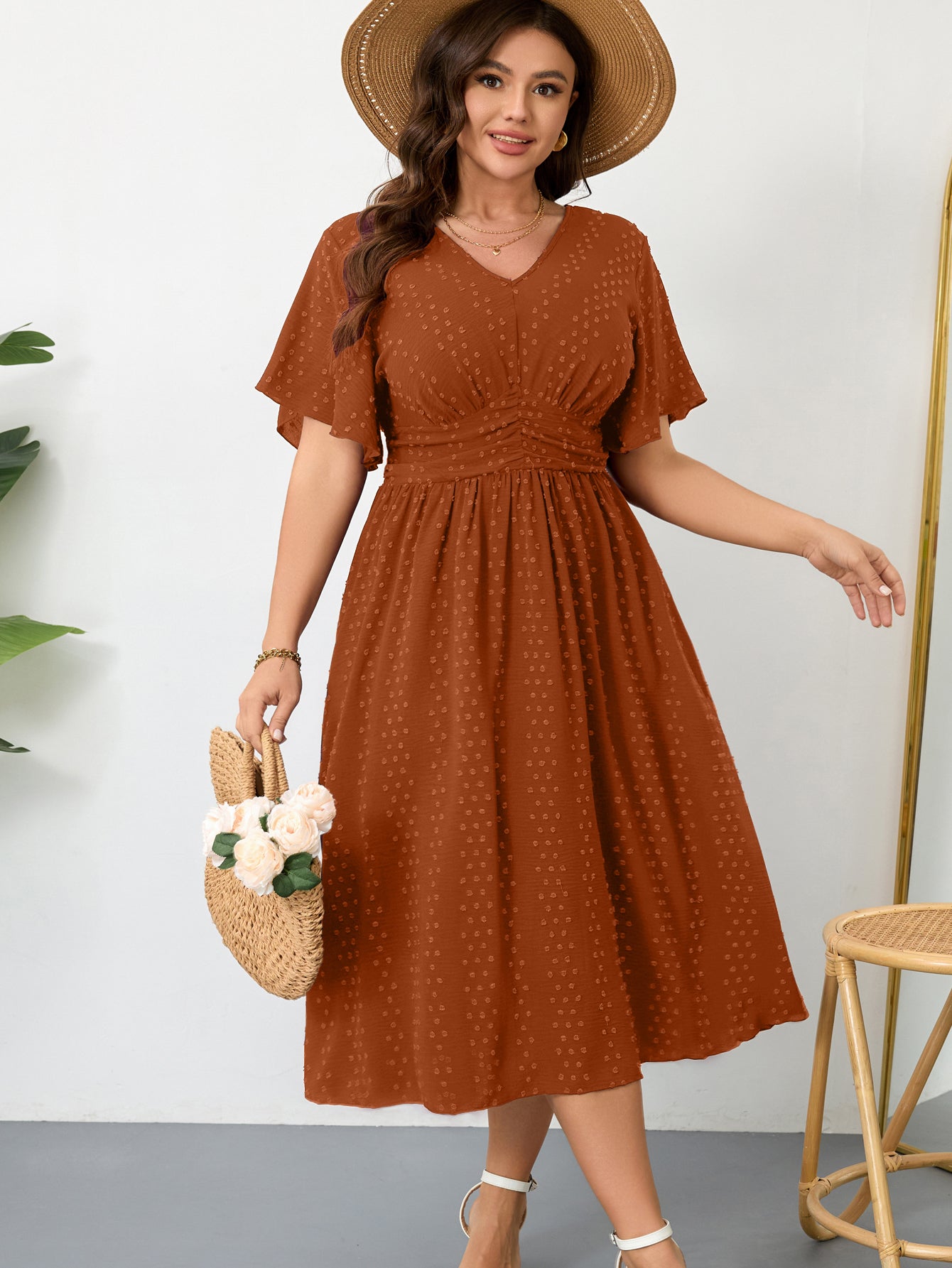 Plus Size Swiss-Dot V-Neck Maxi Dress — Burnt Orange