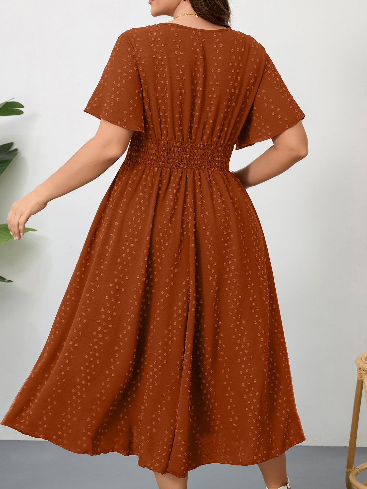 Plus Size Swiss-Dot V-Neck Maxi Dress — Burnt Orange