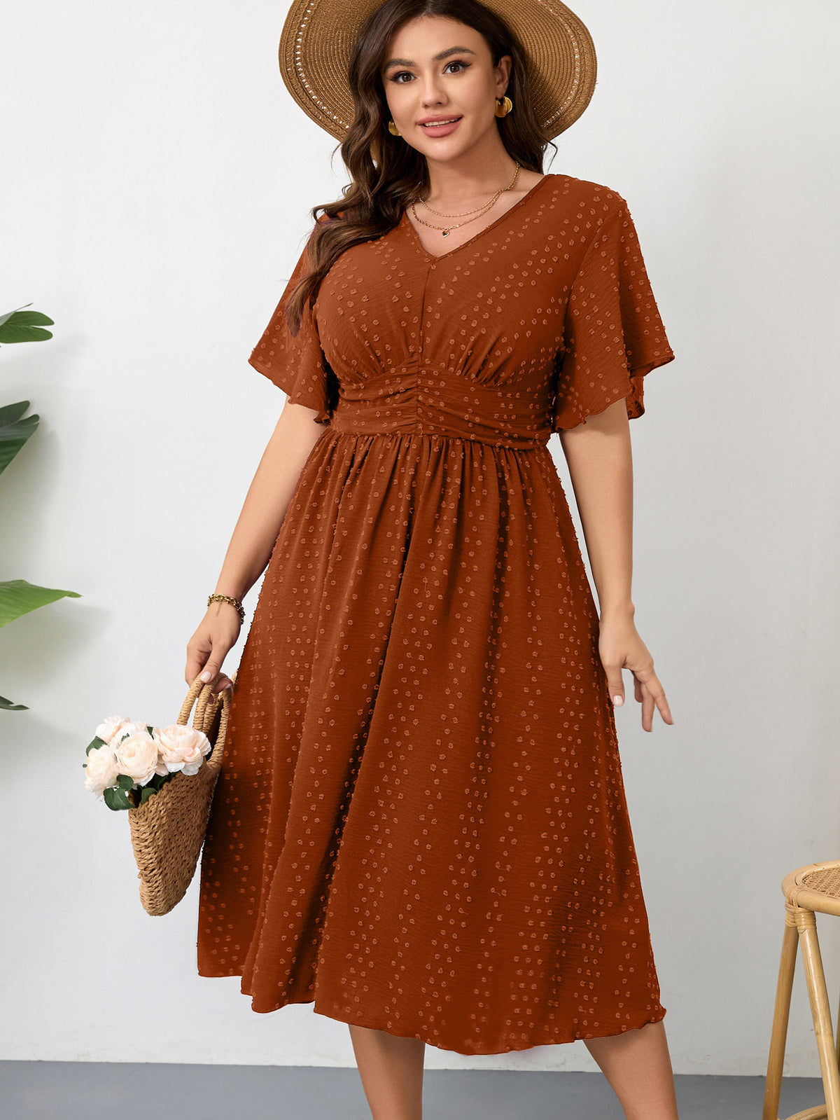 Plus Size Swiss-Dot V-Neck Maxi Dress — Burnt Orange