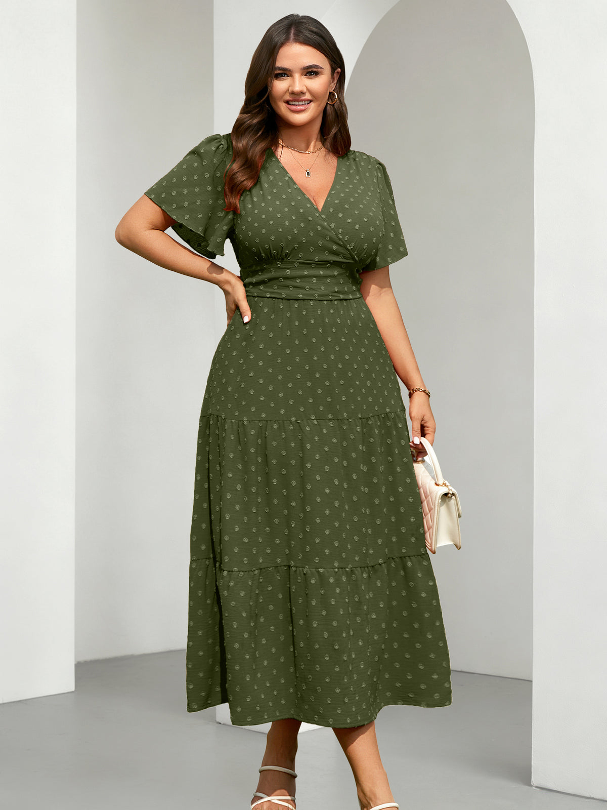 Plus Size Swiss-Dot V-Neck Maxi Dress — Army Green
