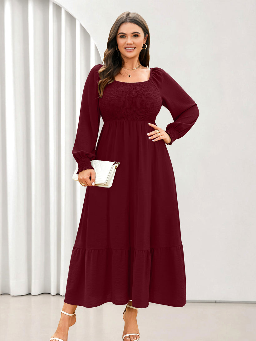 Plus Size Floral Long-Sleeve Maxi Dress — Wine Red