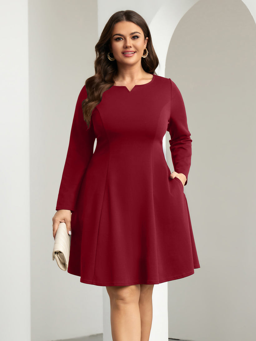 Plus Size Square-Neck Long-Sleeve Mini Dress — Red