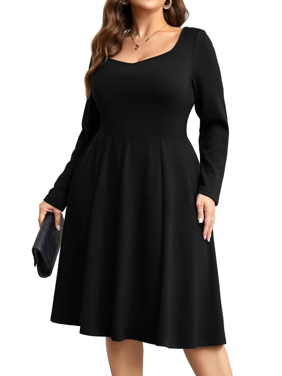 Plus Size Square-Neck Long-Sleeve Midi Dress — Black