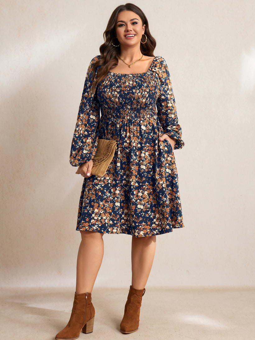 Plus Size Floral Long-Sleeve Midi Dress — Navy Blue Floral