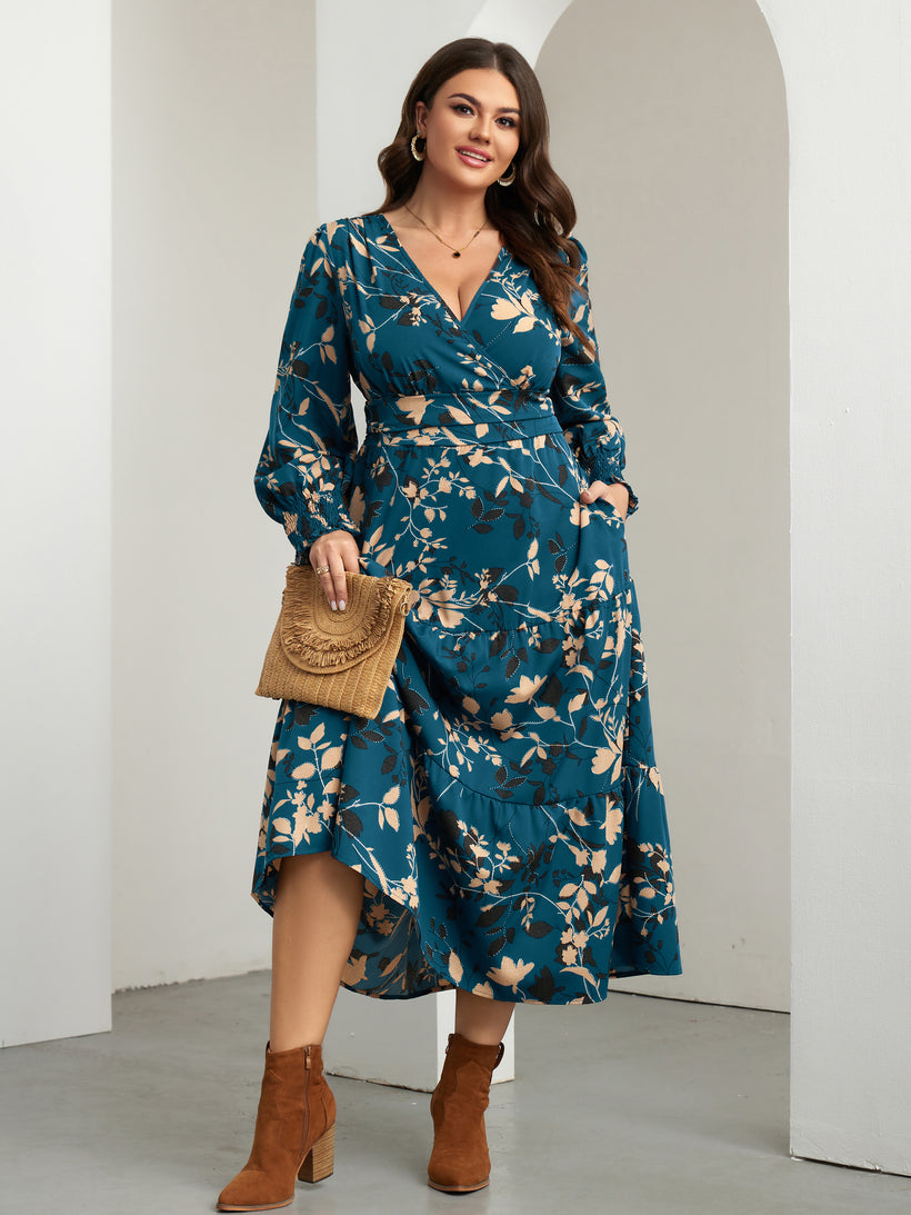 Plus Size Floral Wrap Maxi Dress — Lake Blue Floral