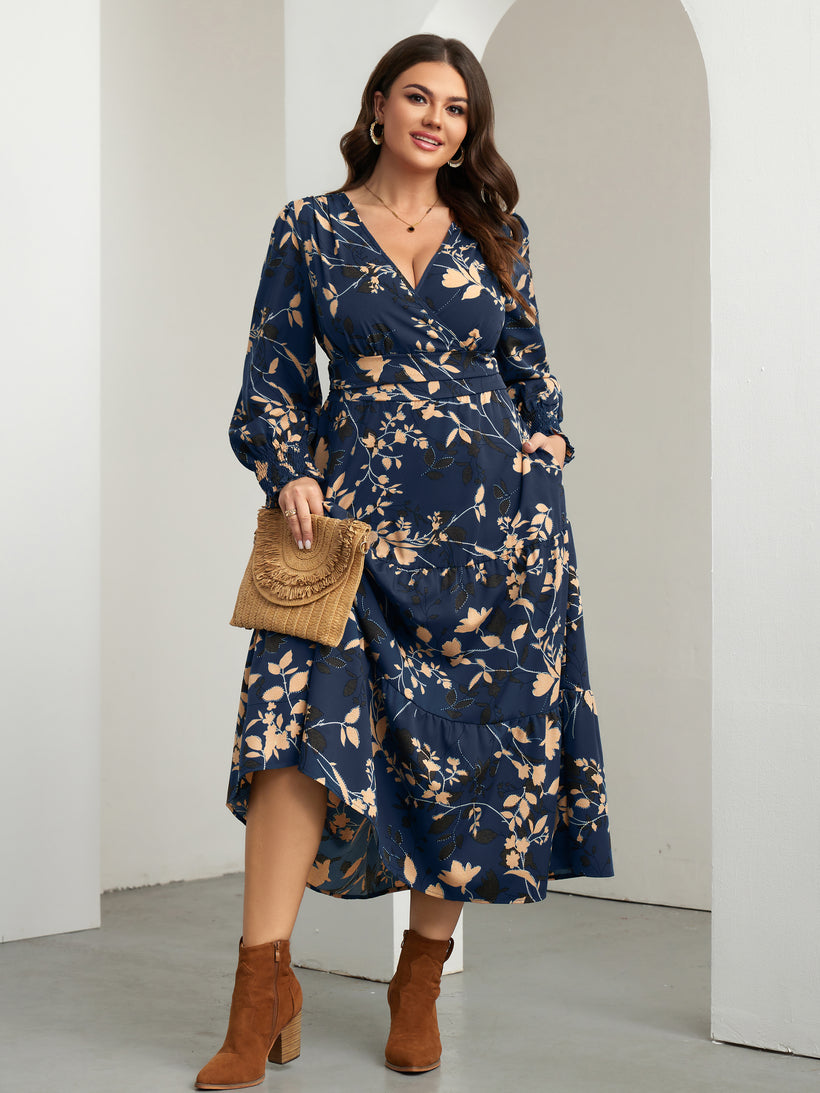 Plus Size Floral Wrap Maxi Dress — Navy Blue Floral