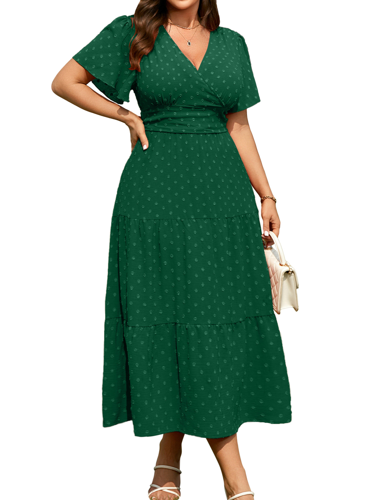 Plus Size Swiss-Dot V-Neck Maxi Dress — Green — 绿.jpg