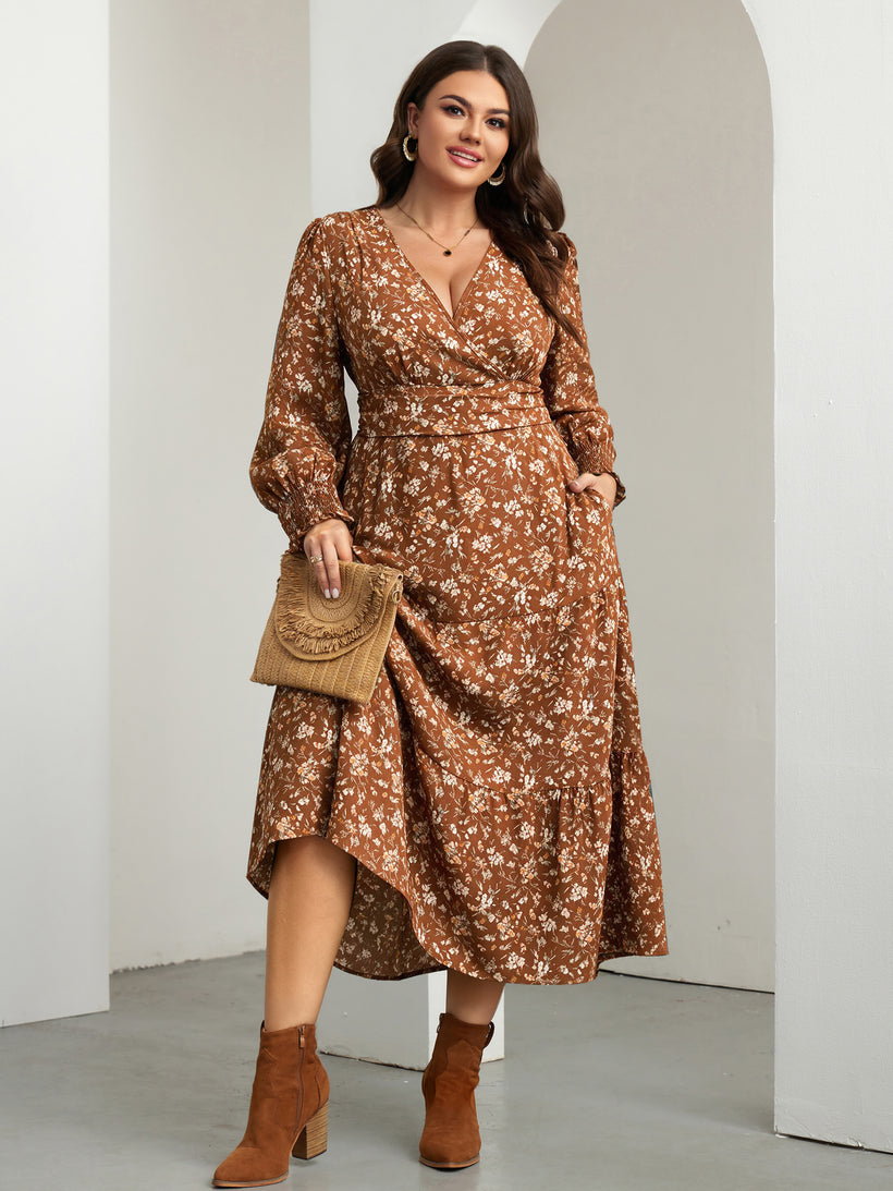 Plus Size Floral Wrap Maxi Dress — Brown Floral