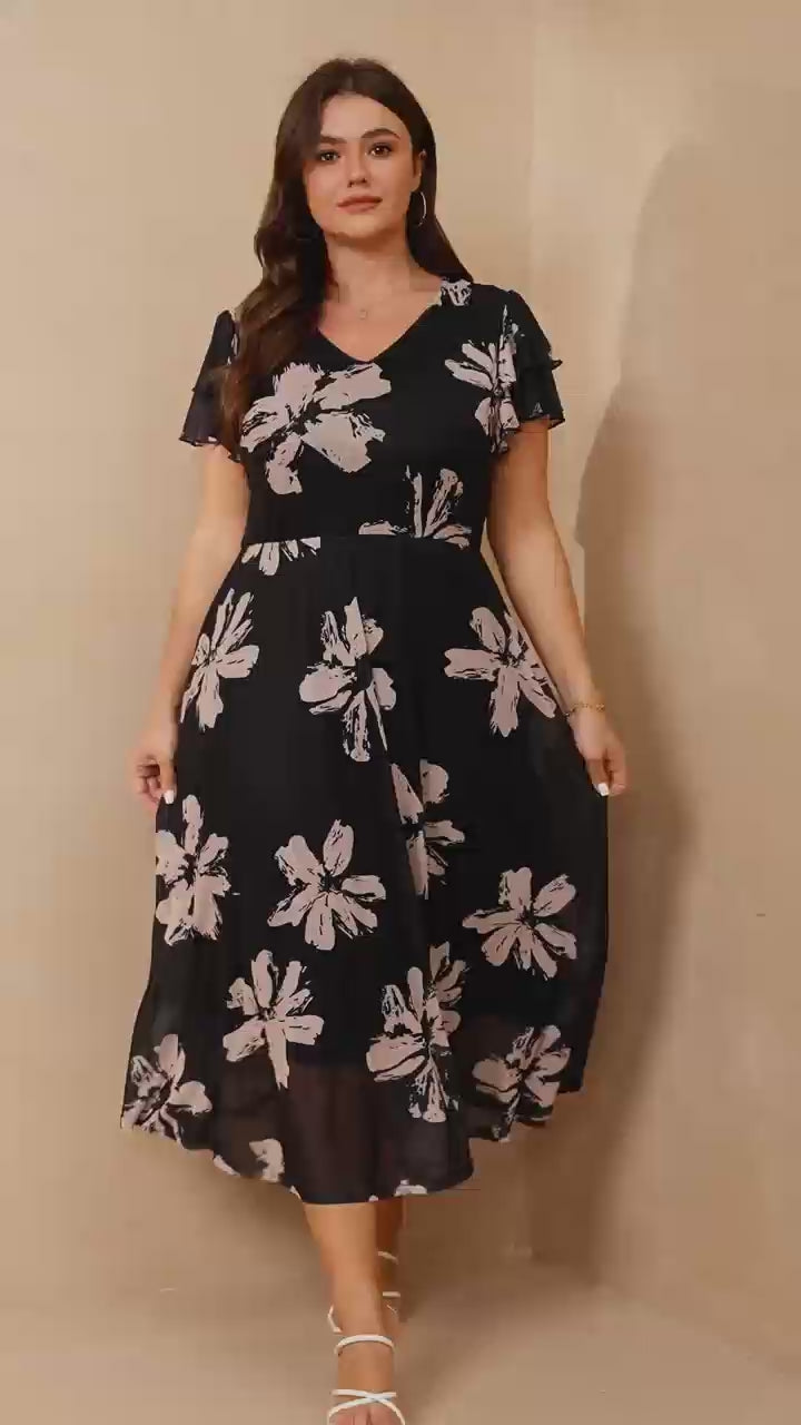RWJ 6790 Plus Size Floral Flutter-Sleeve Maxi Dress in motion