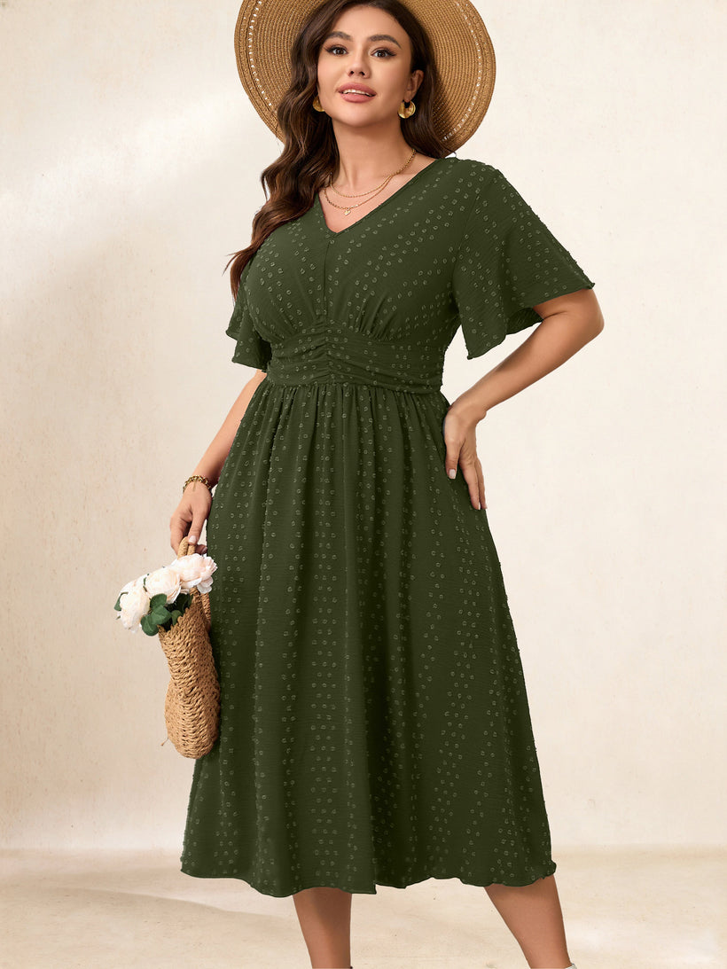Plus Size Swiss-Dot V-Neck Maxi Dress — Army Green