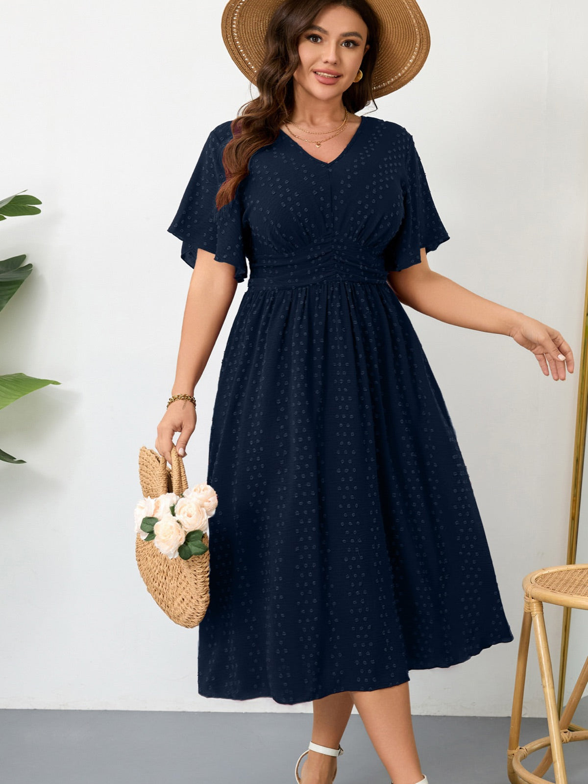 Plus Size Swiss-Dot V-Neck Maxi Dress — Blue gallery image 1