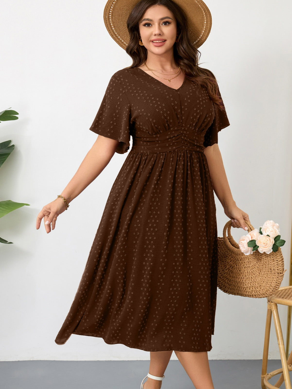 Plus Size Swiss-Dot V-Neck Maxi Dress — Chocolate Brown gallery image 1