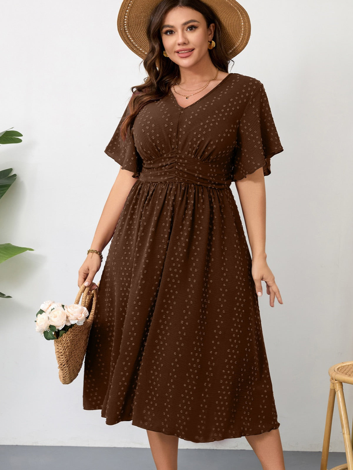 Plus Size Swiss-Dot V-Neck Maxi Dress — Chocolate Brown gallery image 2