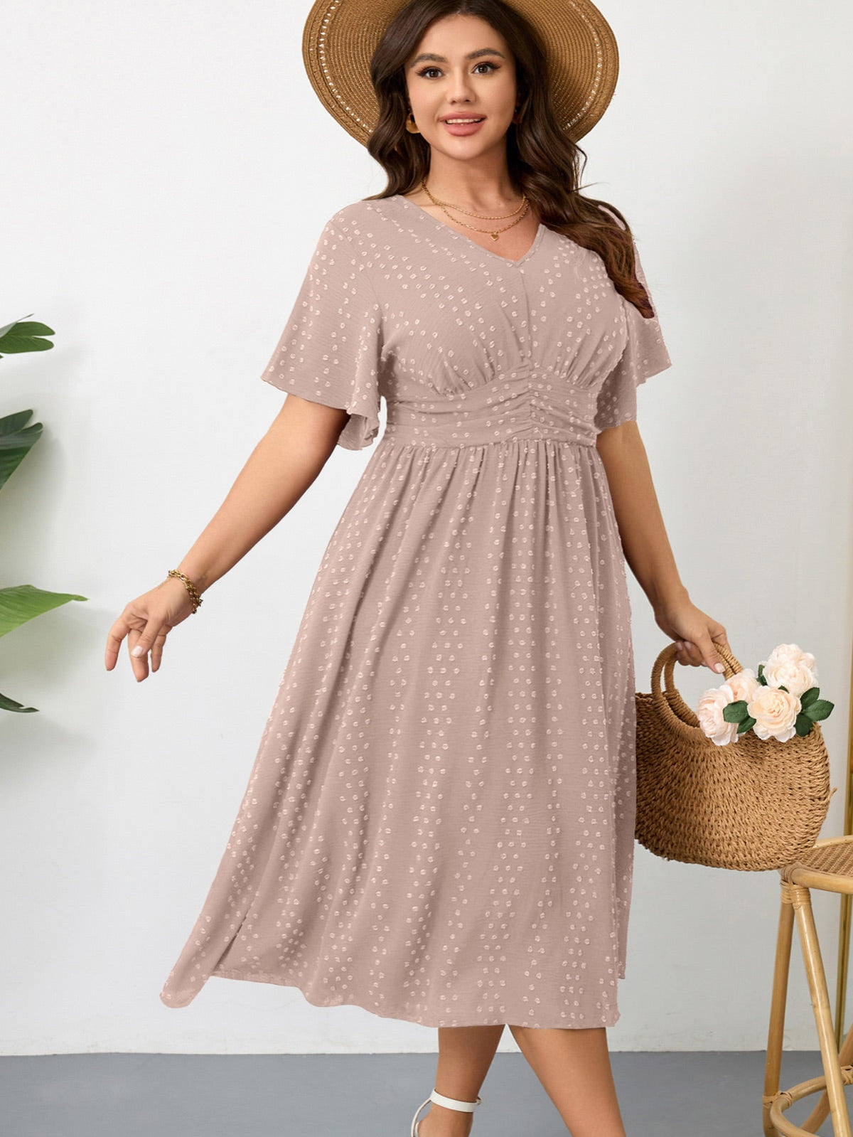 Plus Size Swiss-Dot V-Neck Maxi Dress — Khaki gallery image 1