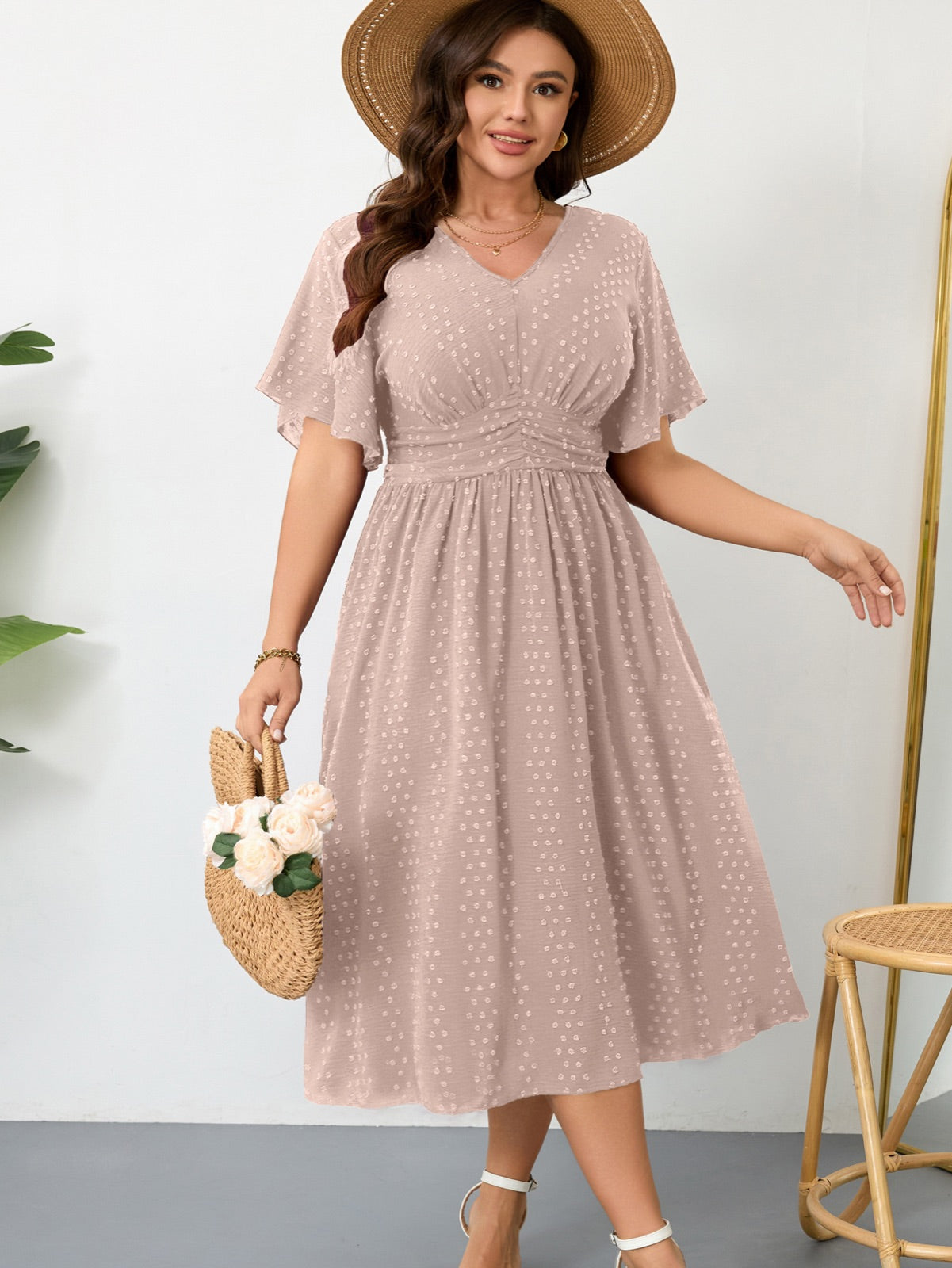 Plus Size Swiss-Dot V-Neck Maxi Dress — Khaki gallery image 2