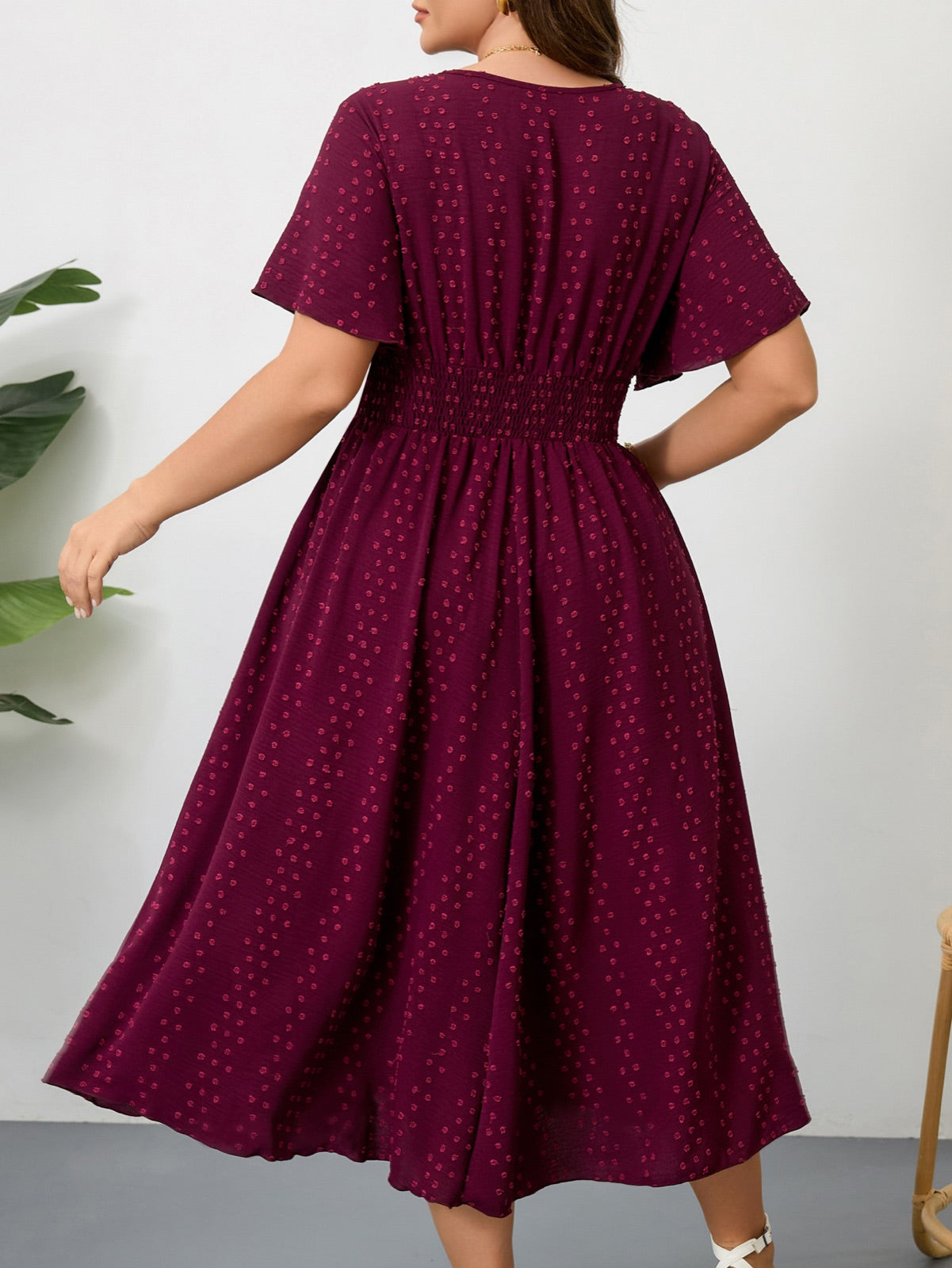 Plus Size Swiss-Dot V-Neck Maxi Dress — Wine red gallery image 1