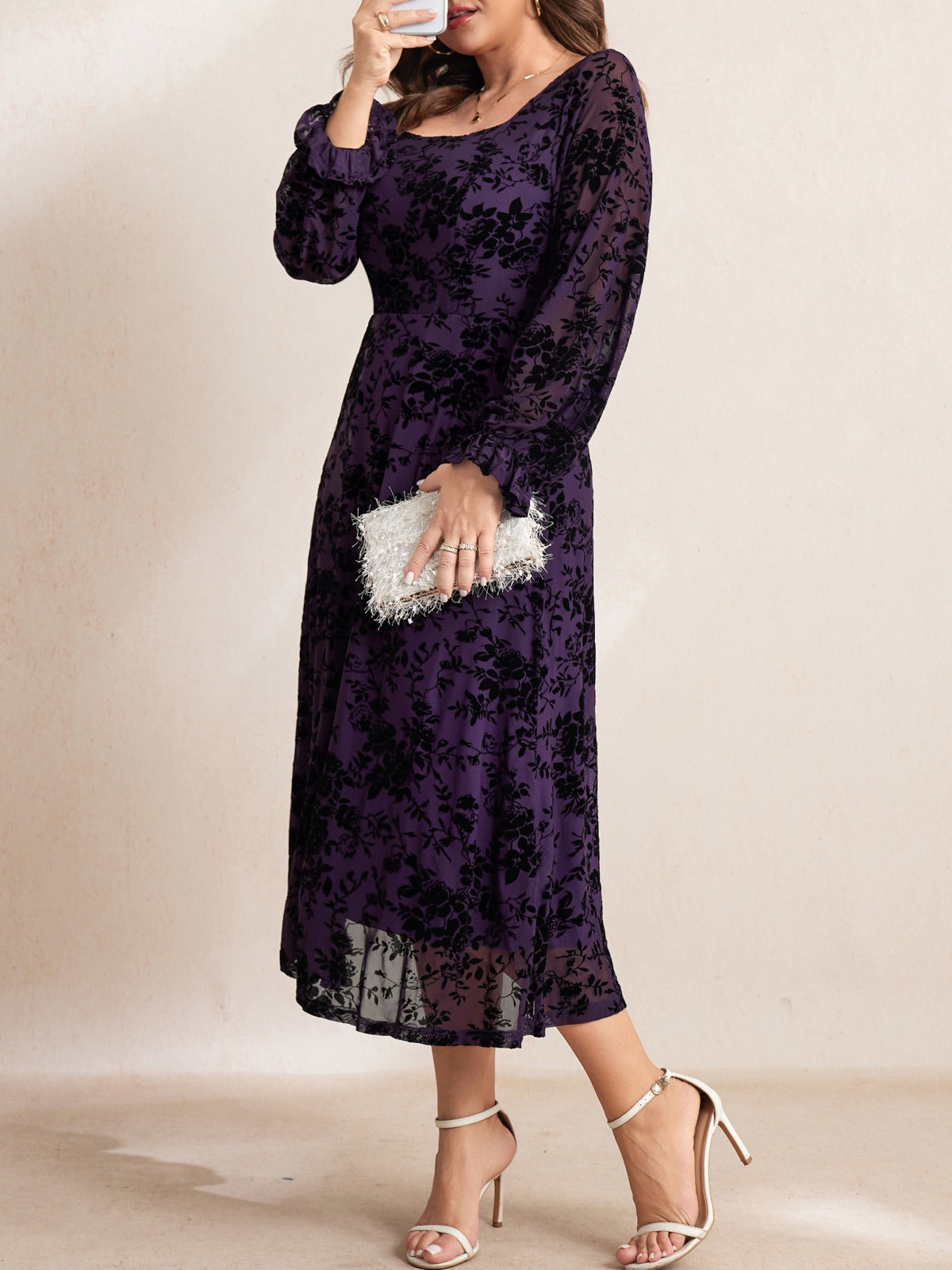 Plus Size Lace Square-Neck Maxi Dress — Deep Purple gallery image 2