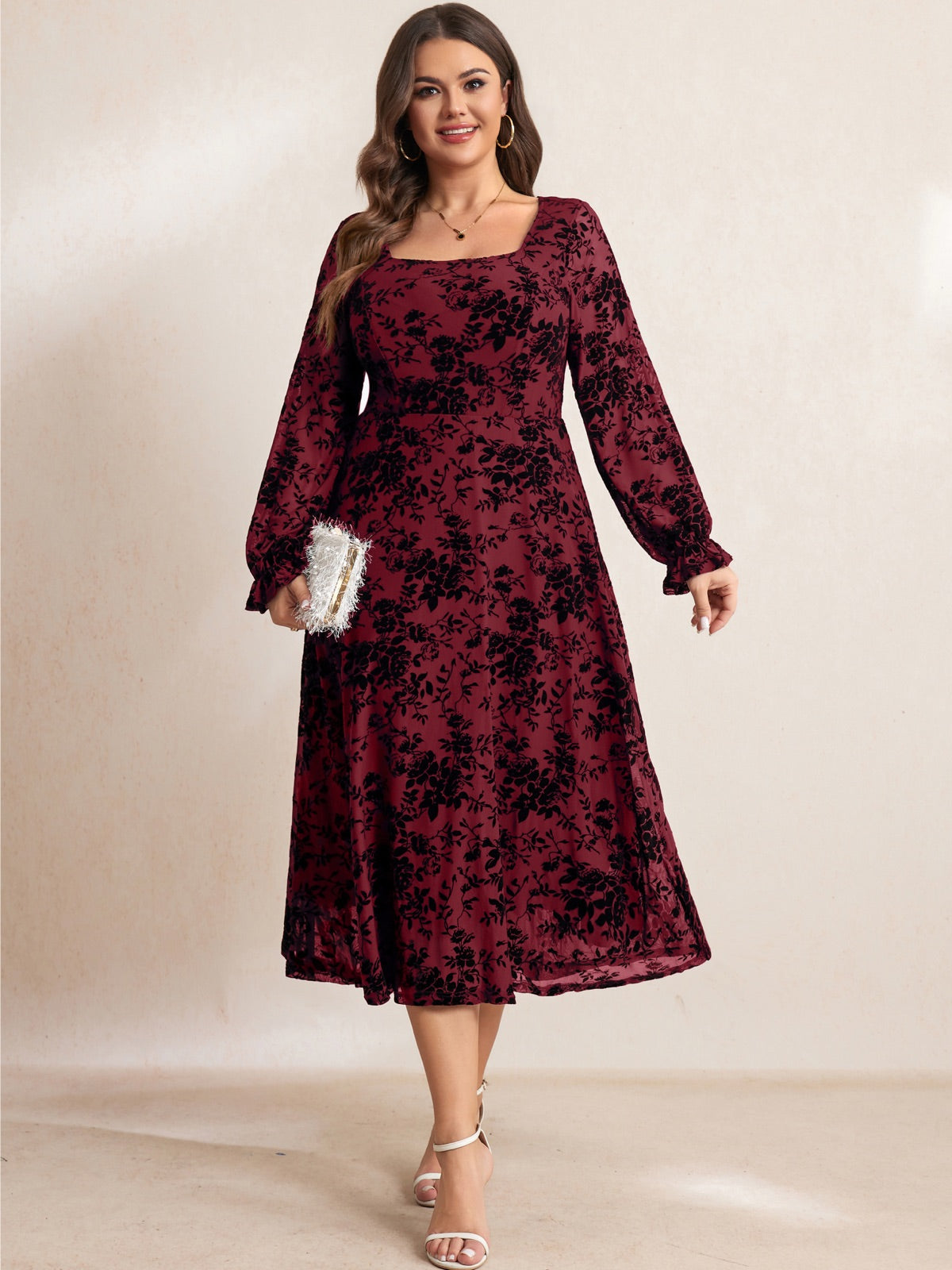 Plus Size Lace Square-Neck Maxi Dress — Red gallery image 3