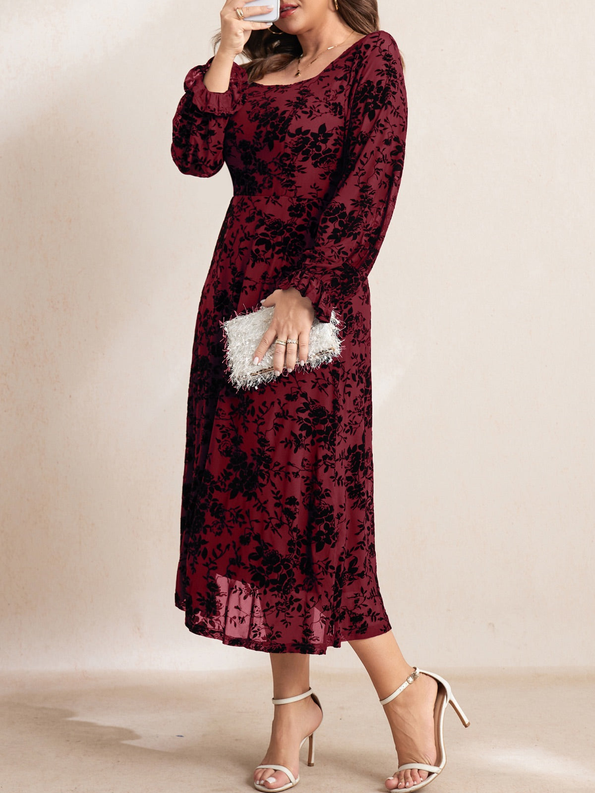 Plus Size Lace Square-Neck Maxi Dress — Red gallery image 2
