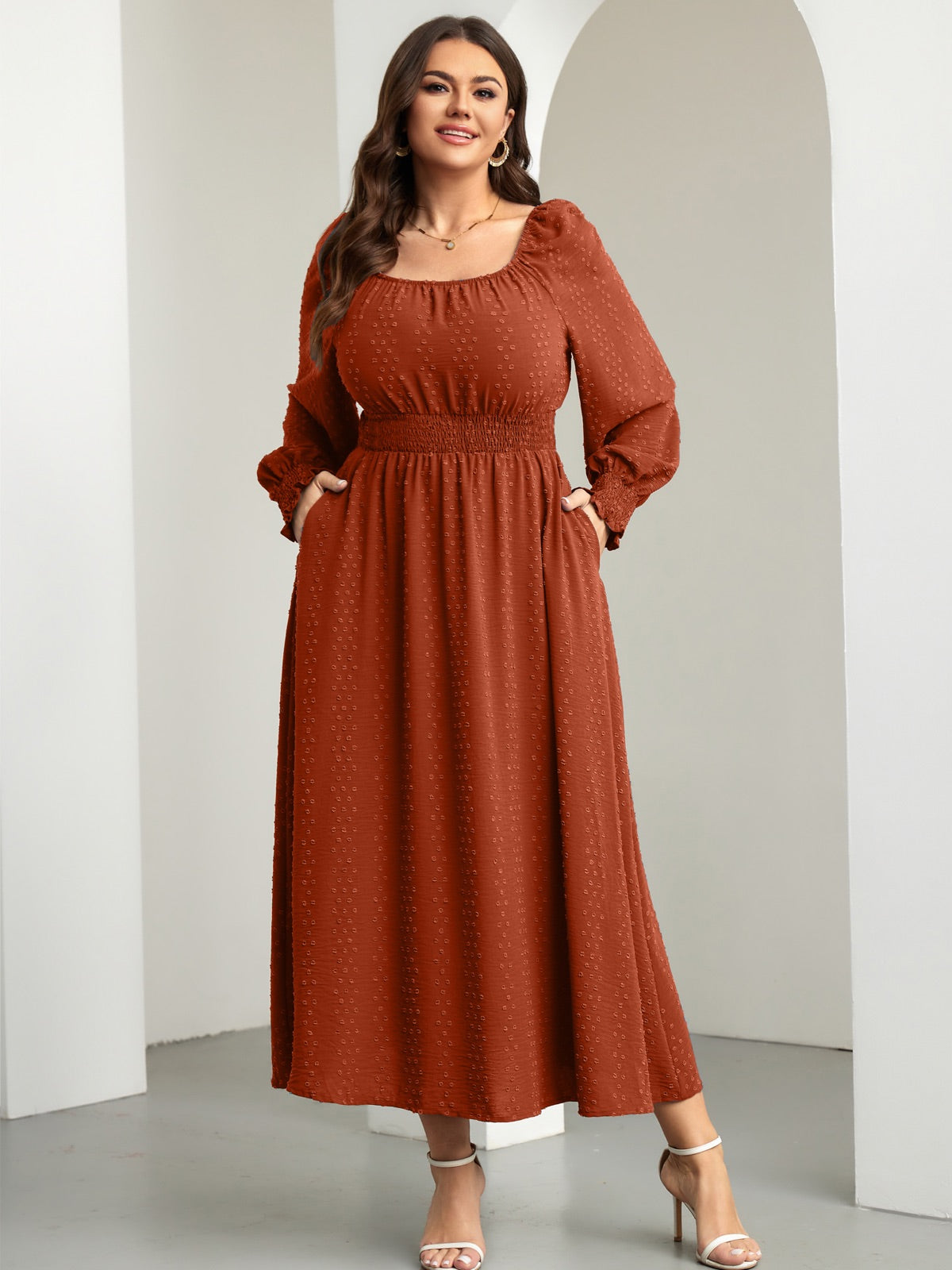 Plus Size Square-Neck Long-Sleeve Maxi Dress — Brown gallery image 1