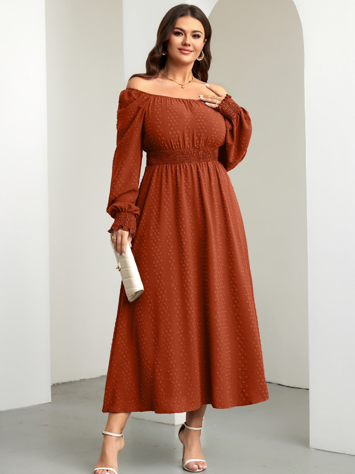 Plus Size Square-Neck Long-Sleeve Maxi Dress — Brown gallery image 3