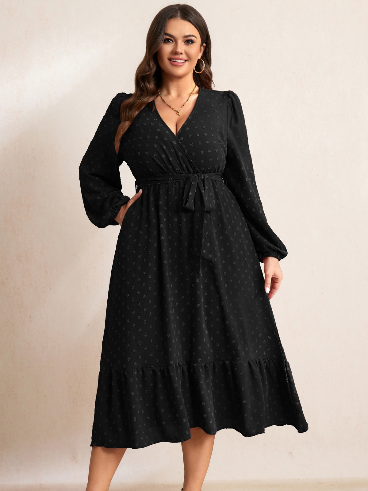 Plus Size V-Neck Tiered Midi Dress — Black gallery image 2