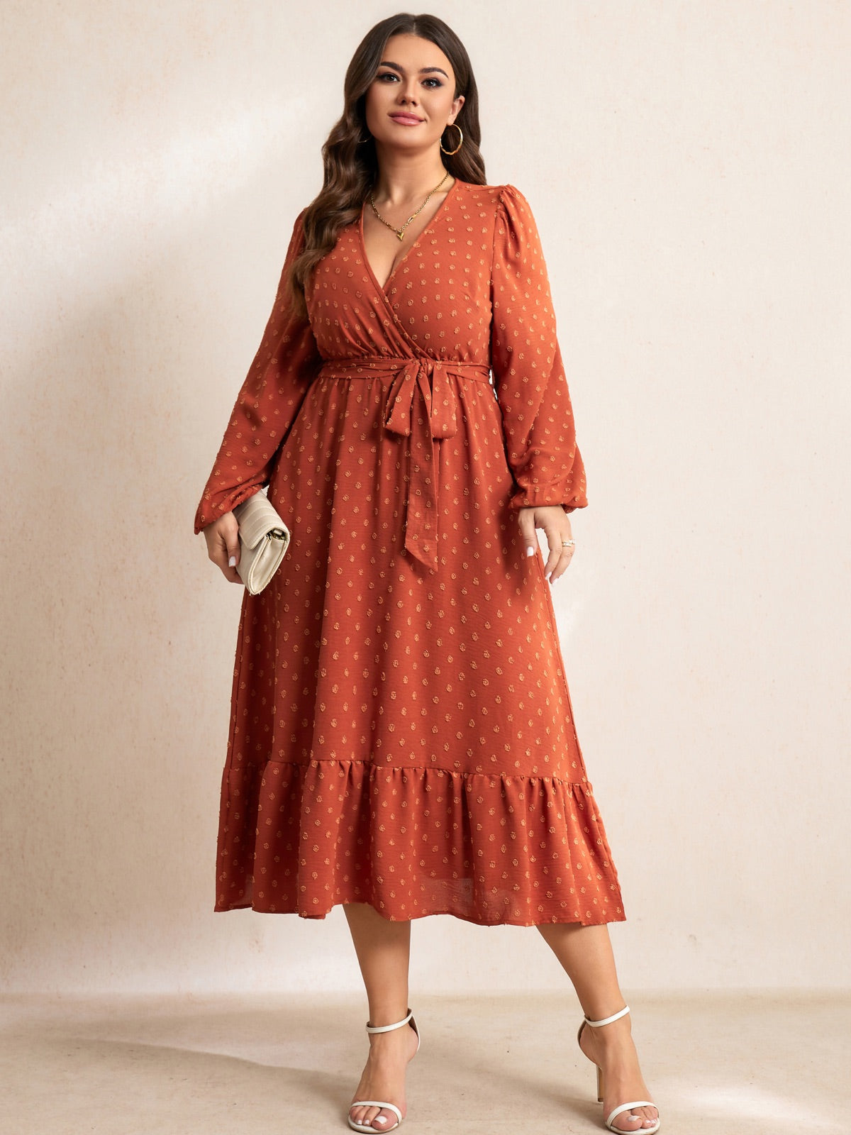Plus Size V-Neck Tiered Midi Dress — Burnt Orange gallery image 1