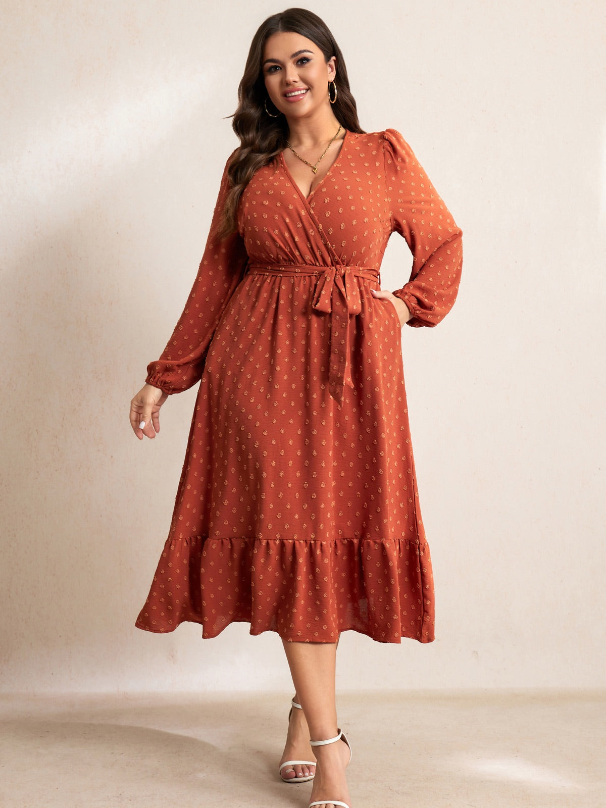 Plus Size V-Neck Tiered Midi Dress — Burnt Orange gallery image 2