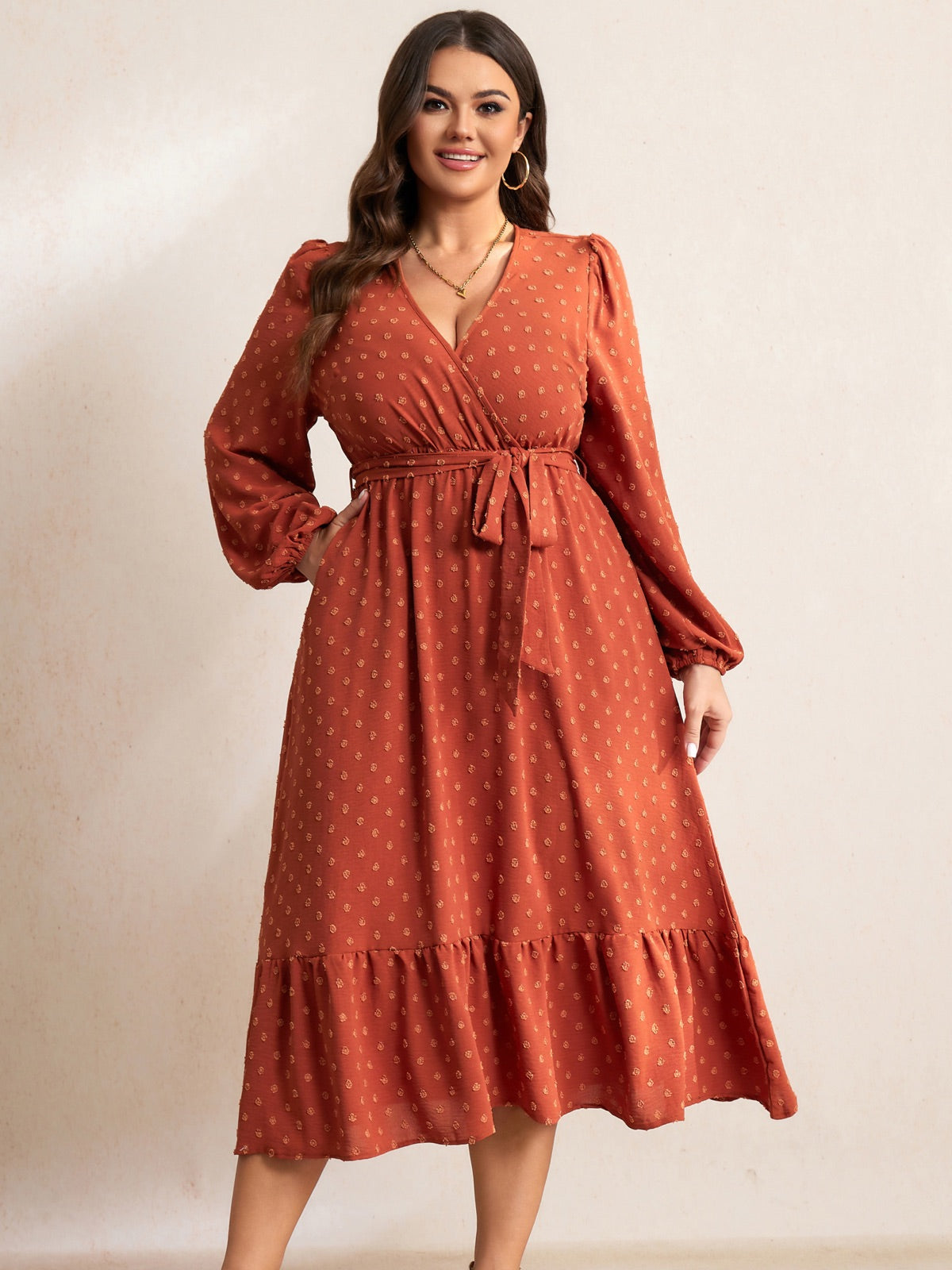 Plus Size V-Neck Tiered Midi Dress — Burnt Orange gallery image 3