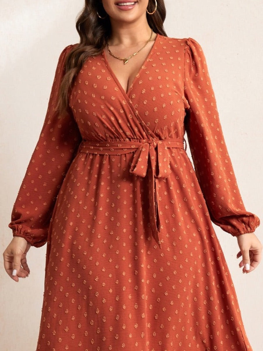 RWJ 6404 burnt orange V-neck tiered midi dress, upper-body detail