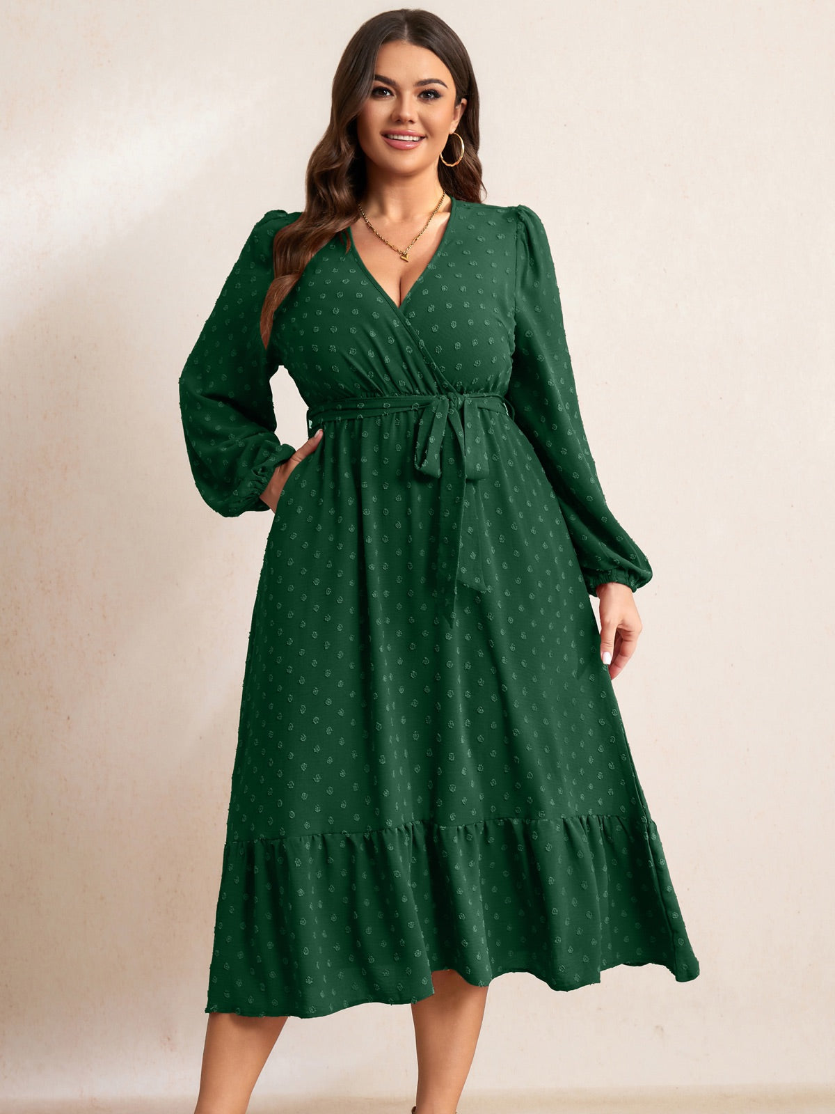 Plus Size V-Neck Tiered Midi Dress — Emerald Green gallery image 2