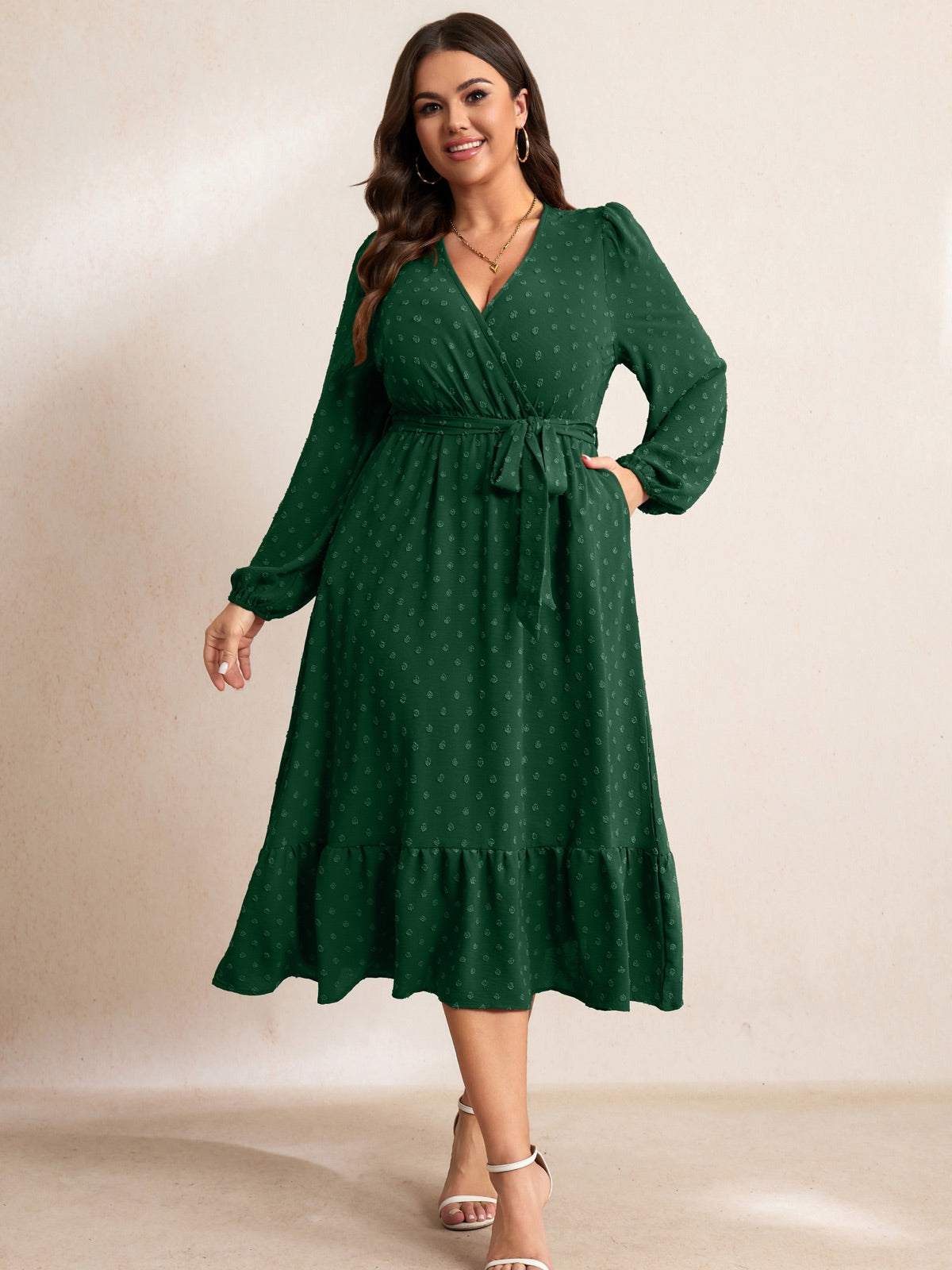 Plus Size V-Neck Tiered Midi Dress — Emerald Green gallery image 3