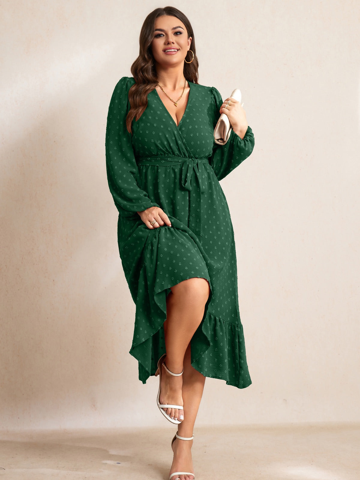 Plus Size V-Neck Tiered Midi Dress — Emerald Green gallery image 4