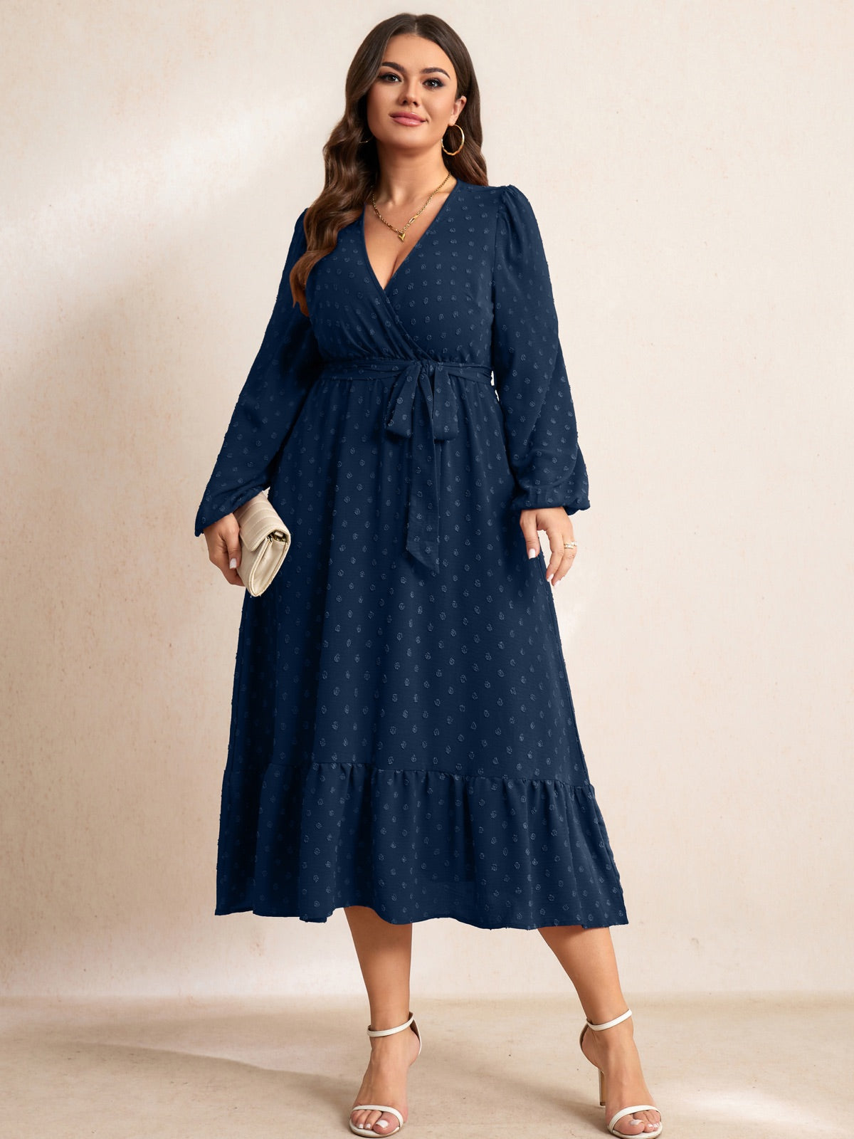 Plus Size V-Neck Tiered Midi Dress — Navy Blue gallery image 1
