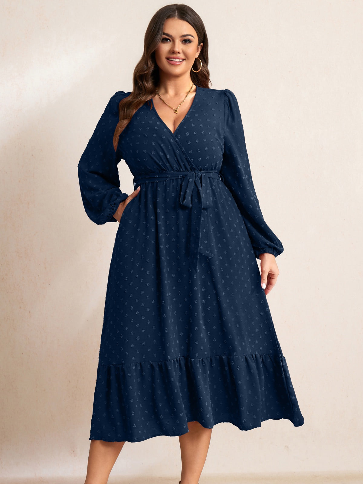 Plus Size V-Neck Tiered Midi Dress — Navy Blue gallery image 2