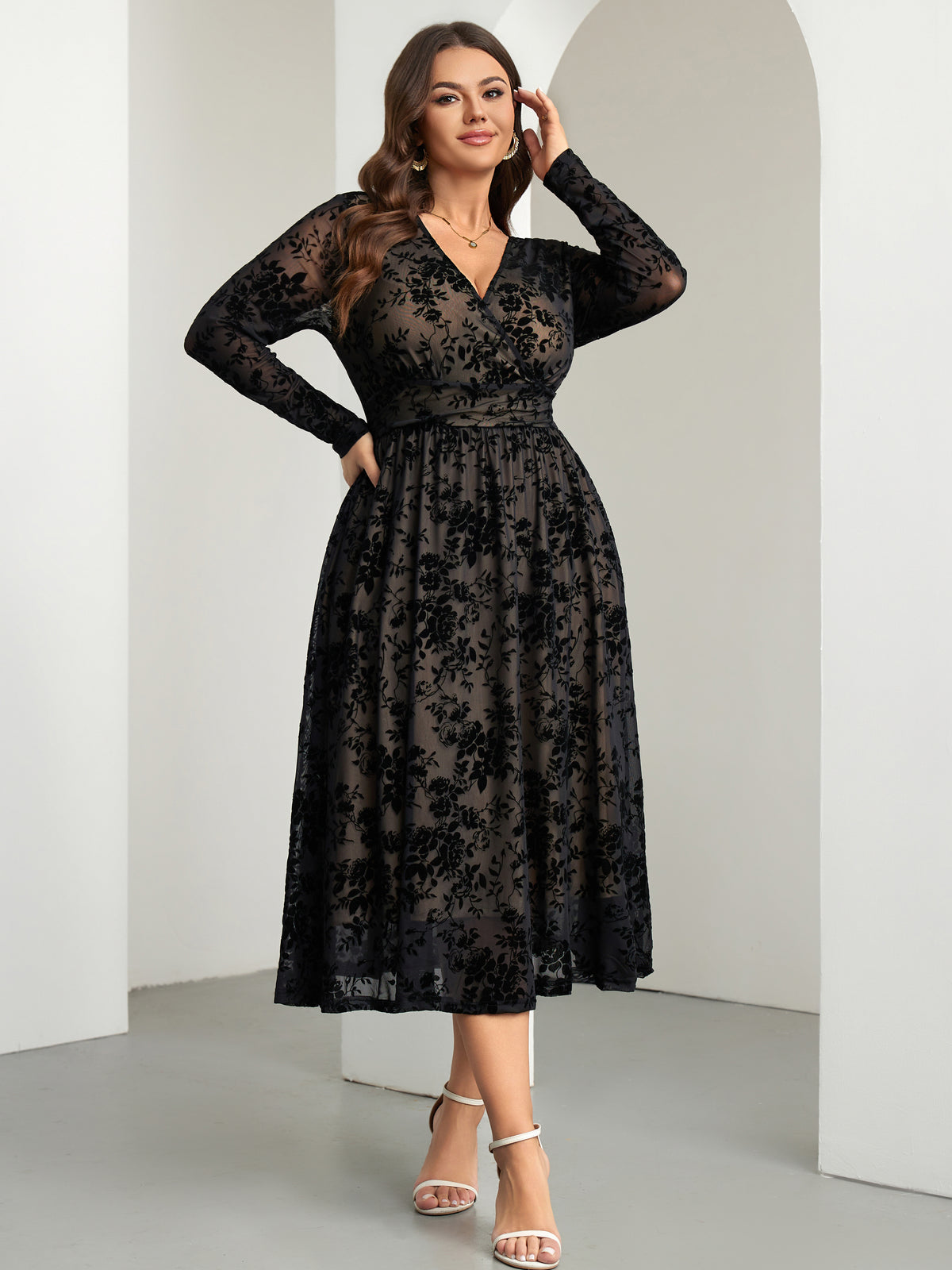 RWJ 6405 Black plus size burnout velvet floral wrap maxi dress front view