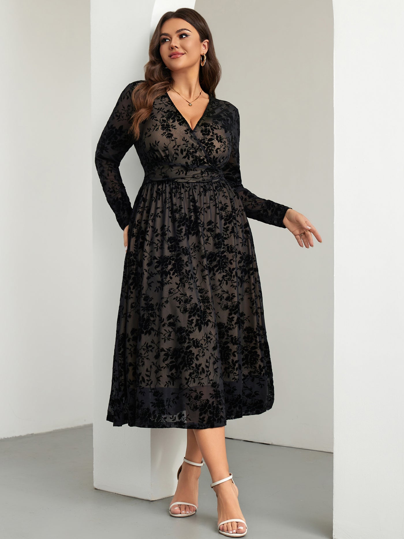 RWJ 6405 Black plus size burnout velvet floral wrap maxi dress detail view