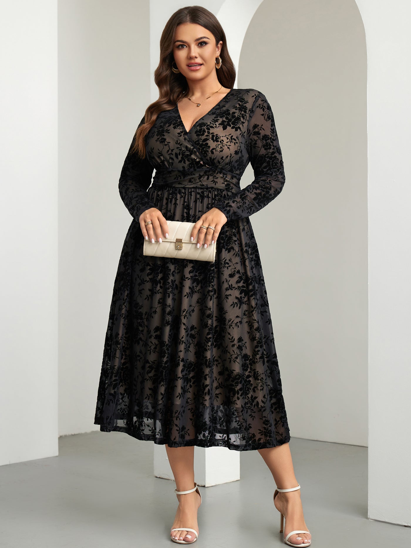 RWJ 6405 Black plus size burnout velvet floral wrap maxi dress side view