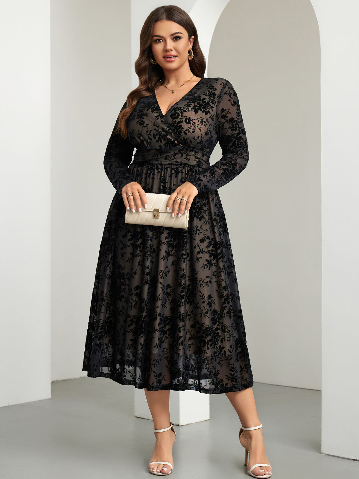 RWJ 6405 Black plus size burnout velvet floral wrap maxi dress side view
