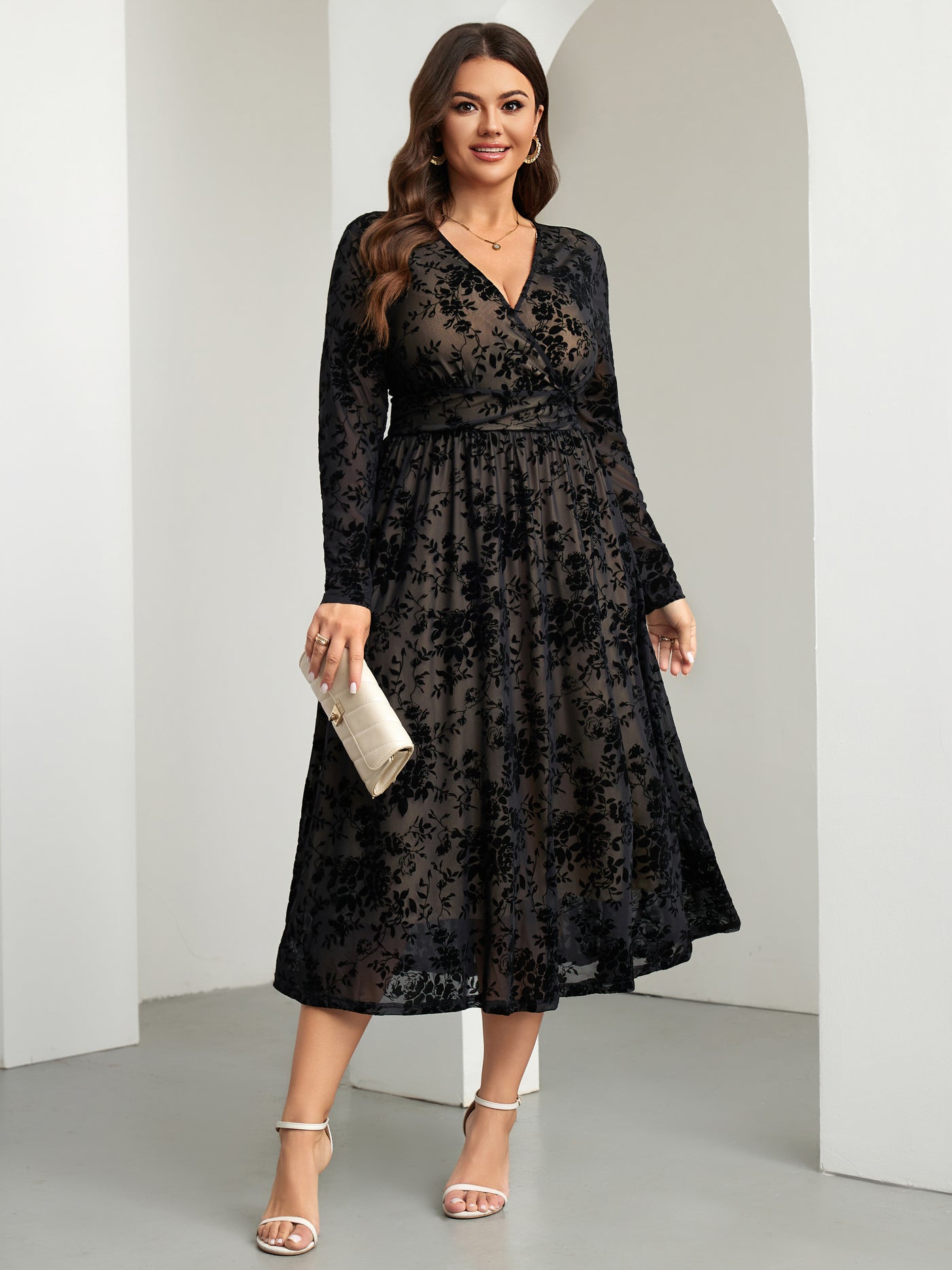 RWJ 6405 Black plus size burnout velvet floral wrap maxi dress back view