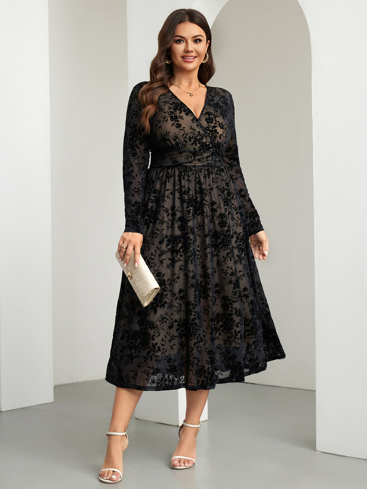RWJ 6405 Black plus size burnout velvet floral wrap maxi dress back view